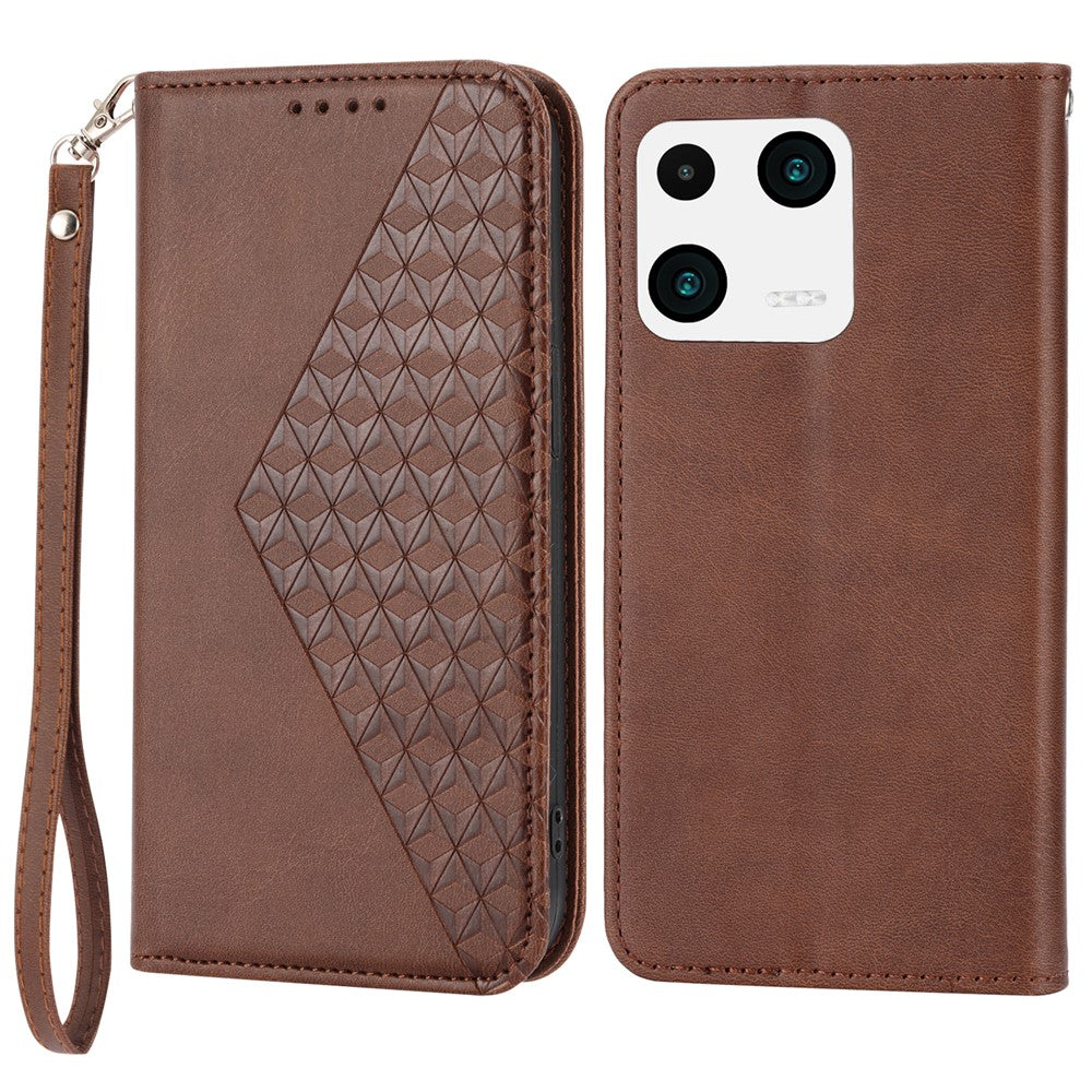 For Xiaomi 13 Calf Texture Phone Case PU Leather Wallet Stand Magnetic Closure Imprinted Rhombus Pattern Cover with Strap
