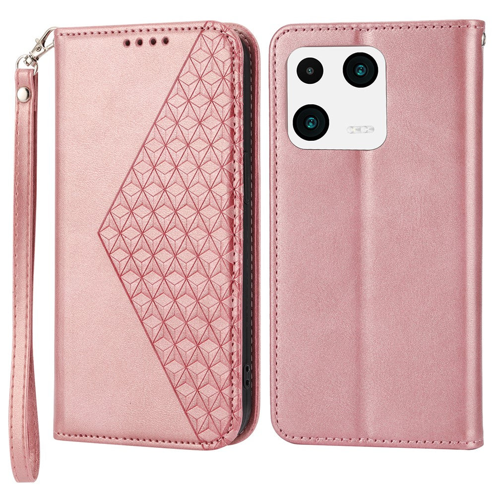 For Xiaomi 13 Calf Texture Phone Case PU Leather Wallet Stand Magnetic Closure Imprinted Rhombus Pattern Cover with Strap
