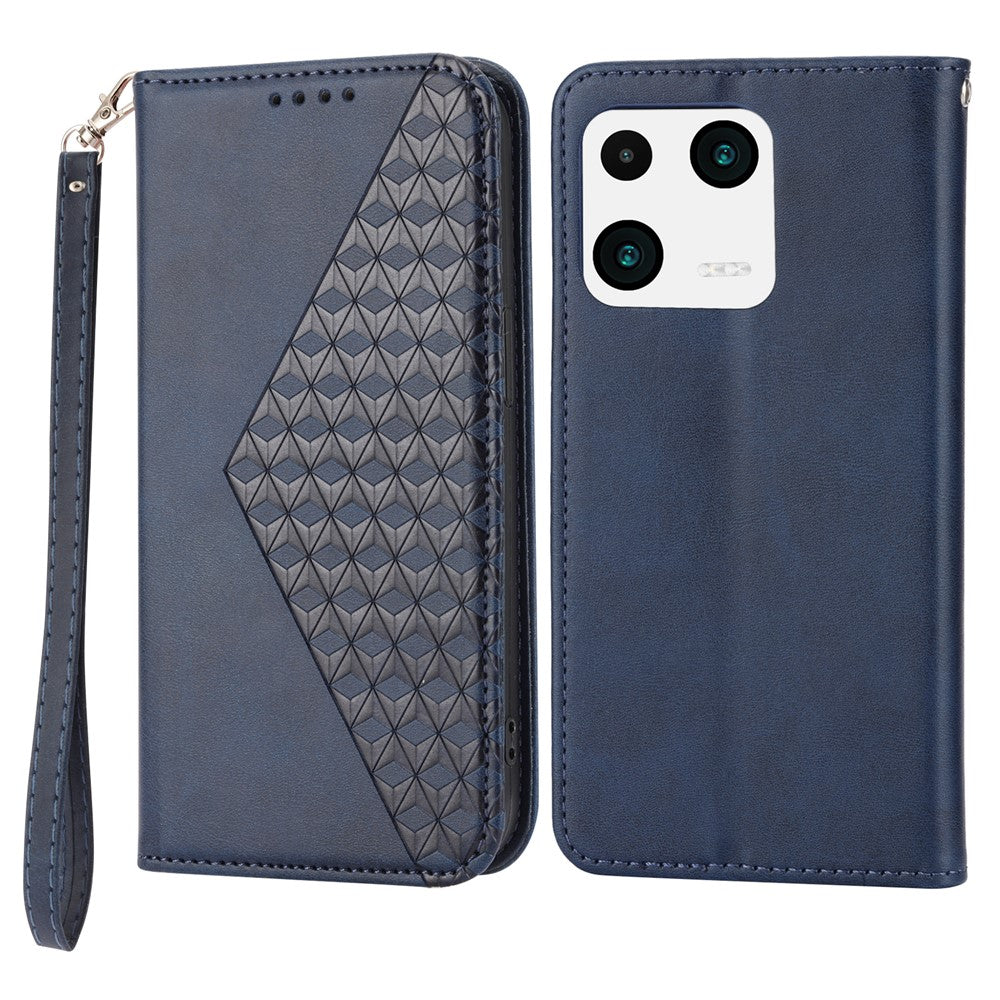 For Xiaomi 13 Calf Texture Phone Case PU Leather Wallet Stand Magnetic Closure Imprinted Rhombus Pattern Cover with Strap