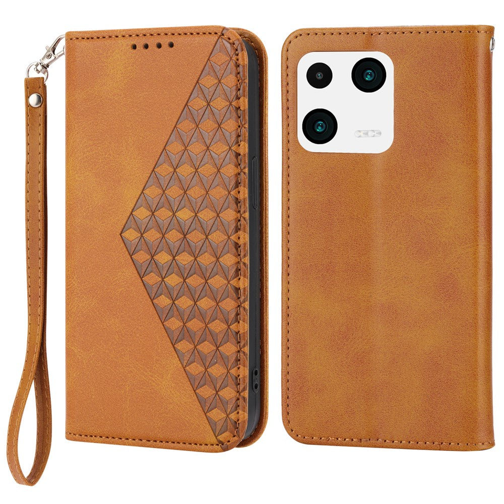 For Xiaomi 13 Calf Texture Phone Case PU Leather Wallet Stand Magnetic Closure Imprinted Rhombus Pattern Cover with Strap