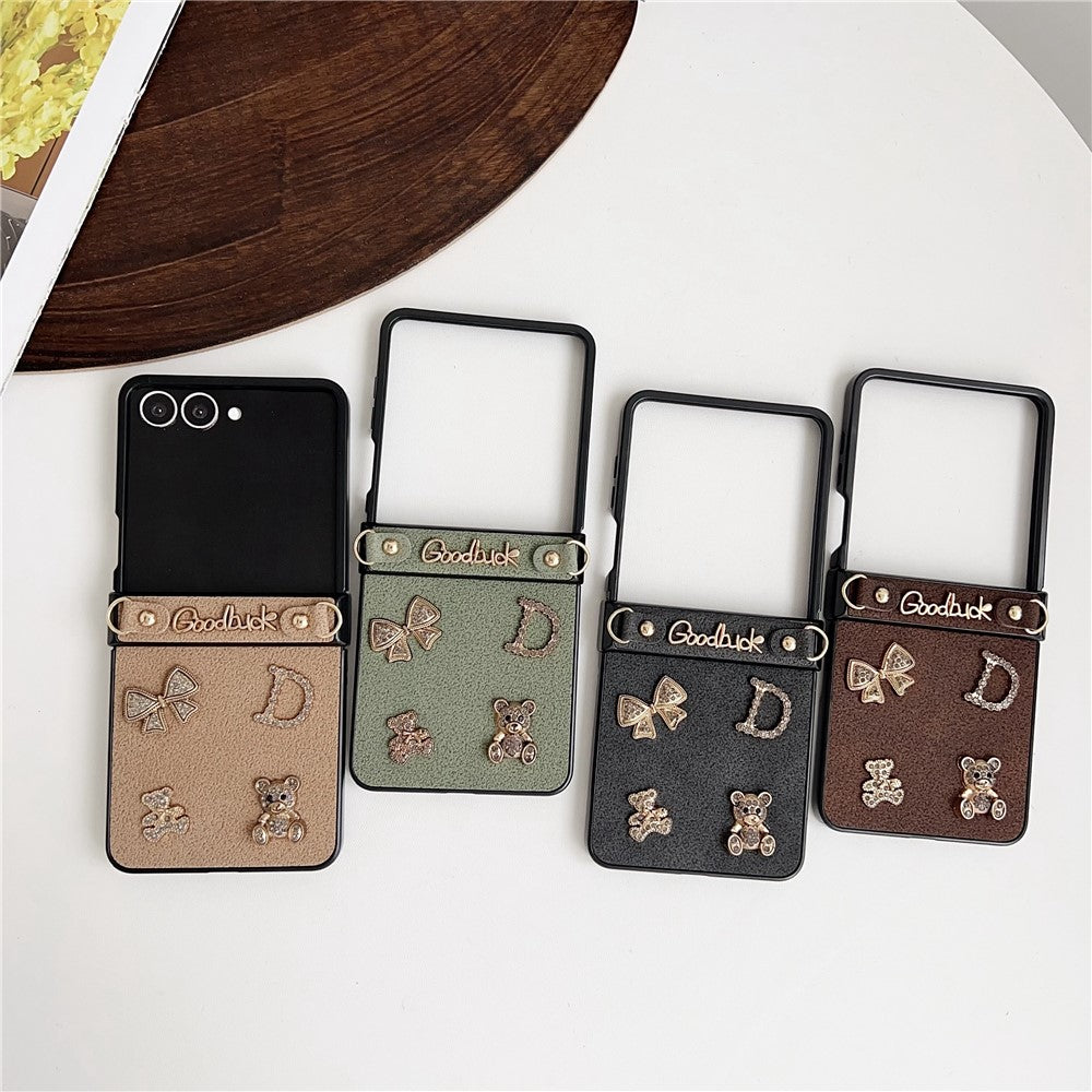 For Samsung Galaxy Z Flip7 5G Case Moon Crater Texture Leather + PC Protective Cover with Rhinestone Metal Charms