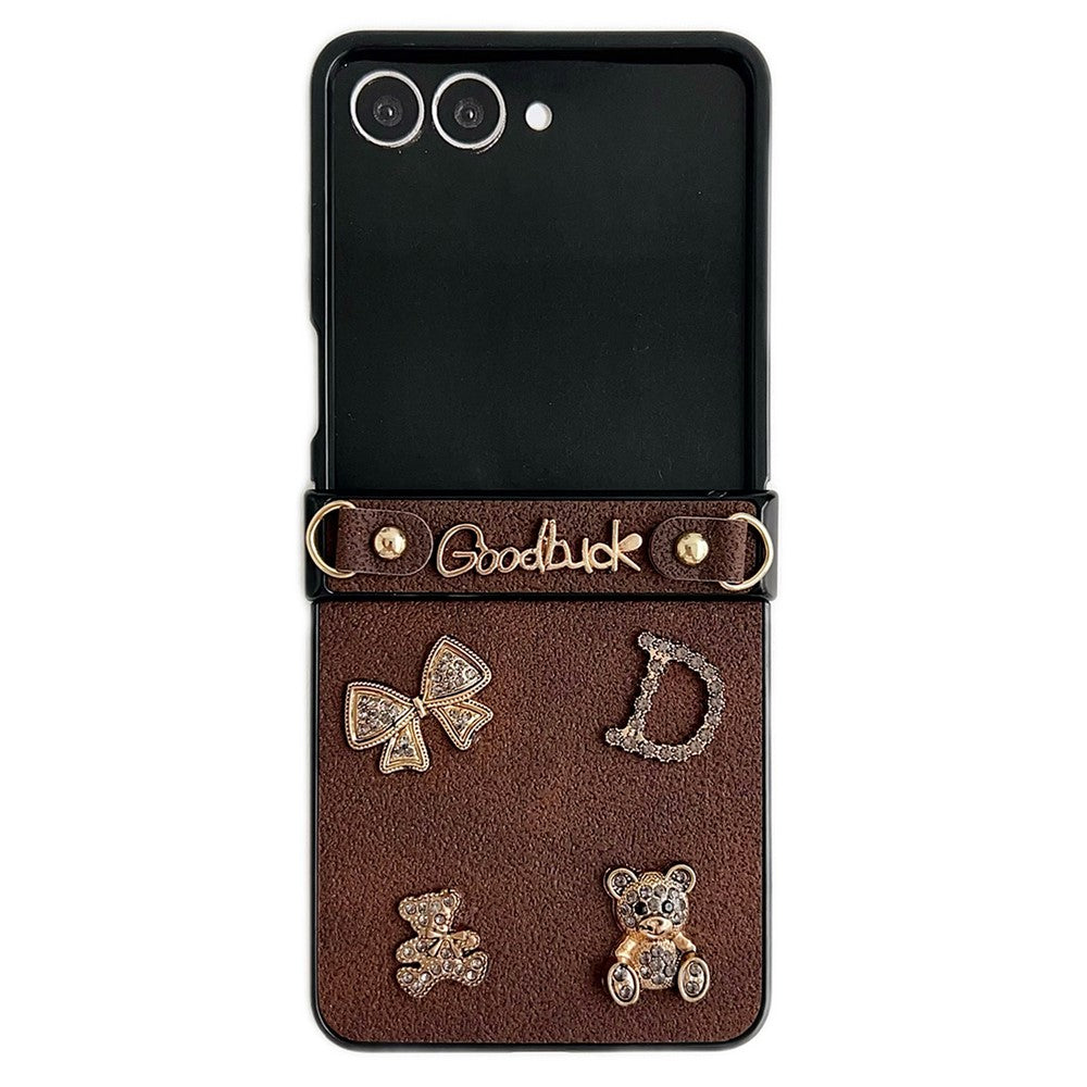 For Samsung Galaxy Z Flip8 Case Moon Crater Texture Leather + PC Protective Cover with Rhinestone Metal Charms