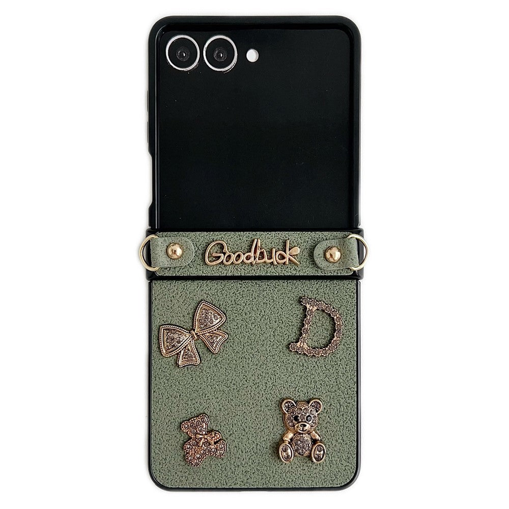 For Samsung Galaxy Z Flip8 Case Moon Crater Texture Leather + PC Protective Cover with Rhinestone Metal Charms