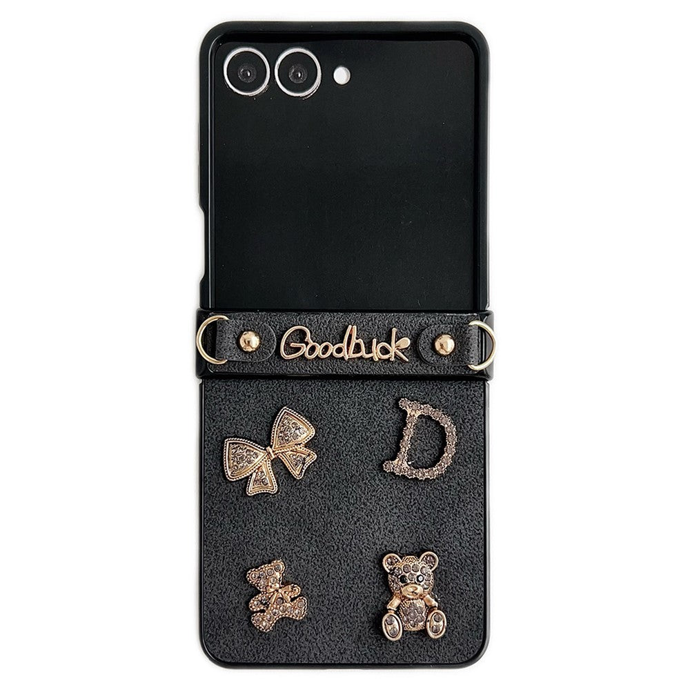 For Samsung Galaxy Z Flip8 Case Moon Crater Texture Leather + PC Protective Cover with Rhinestone Metal Charms