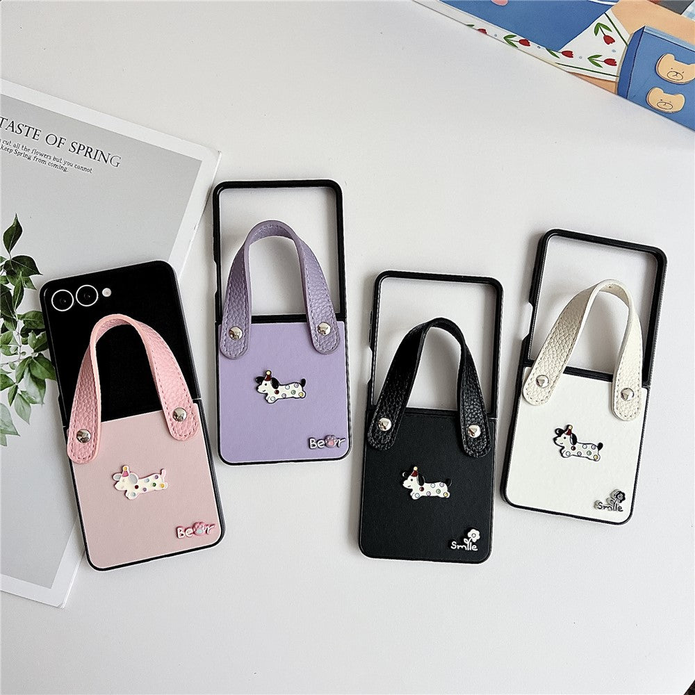 For Samsung Galaxy Z Flip7 5G Case Dachshund Pattern PU Leather + PC Protective Cover with Wrist Strap