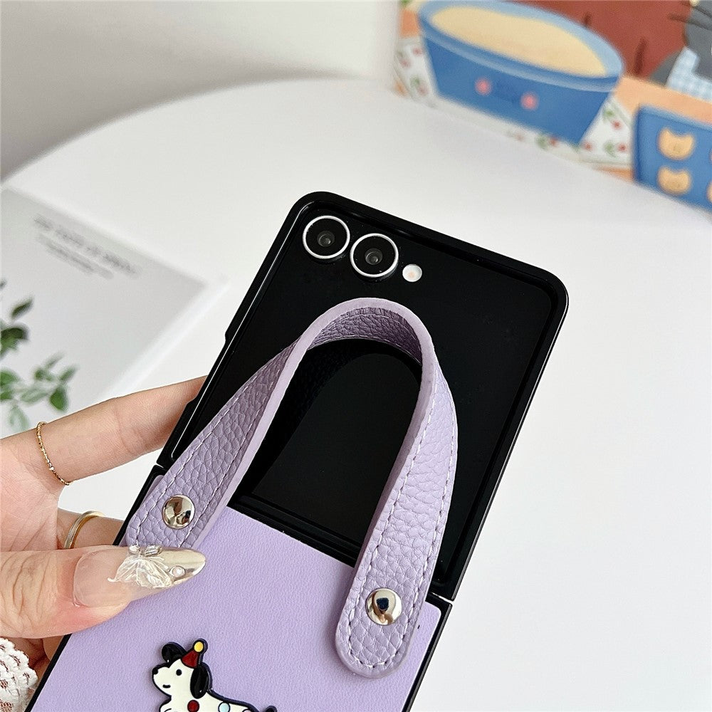 For Samsung Galaxy Z Flip8 Case Dachshund Pattern PU Leather + PC Protective Cover with Wrist Strap