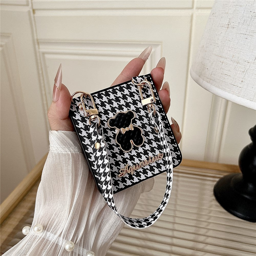 For Samsung Galaxy Z Flip7 5G Case Bear Charm PU Leather + PC Phone Cover with Wrist Strap