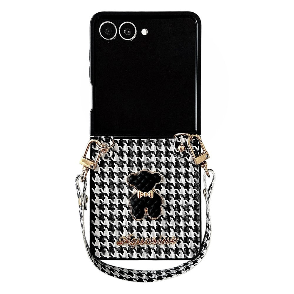 For Samsung Galaxy Z Flip8 Case Bear Charm PU Leather + PC Phone Cover with Wrist Strap