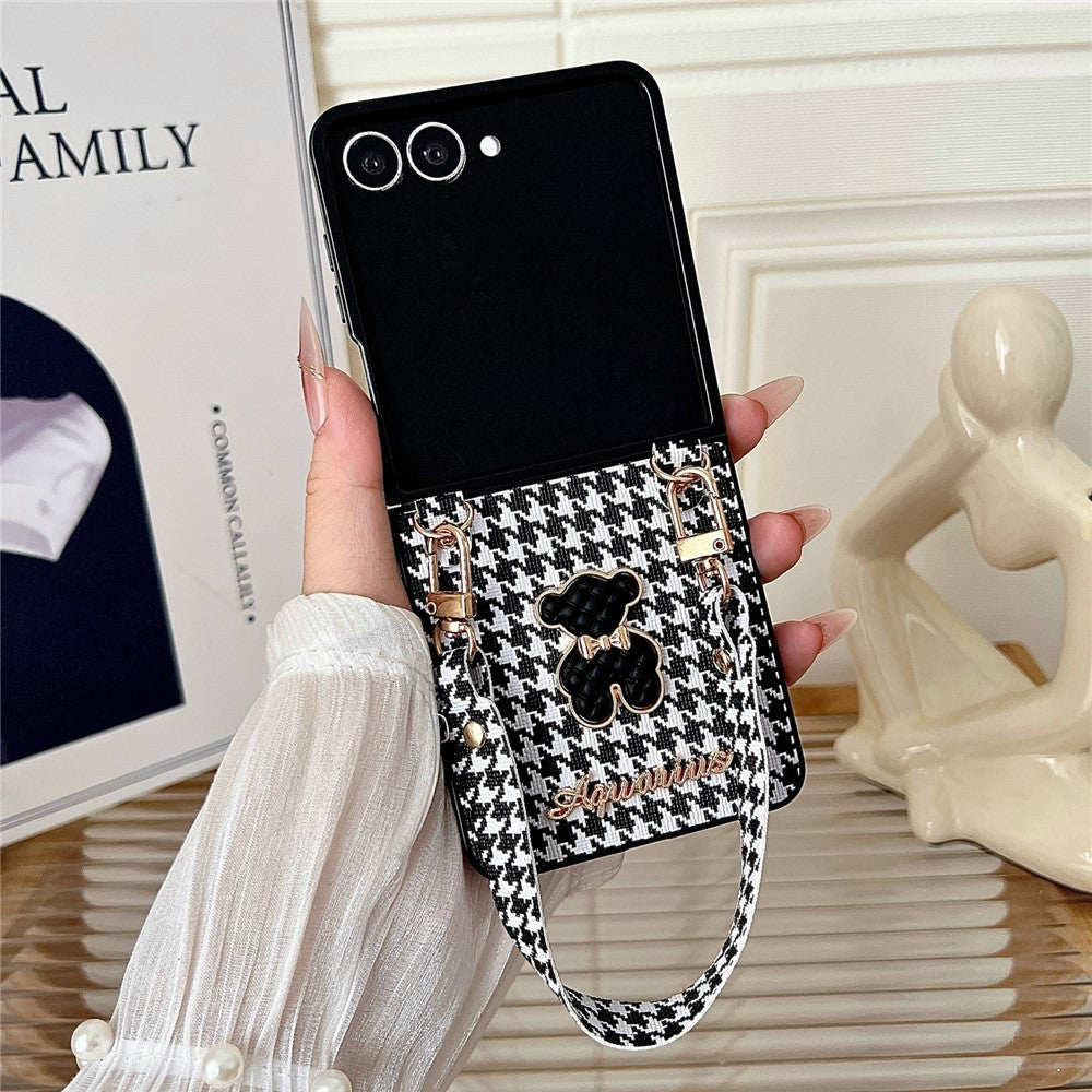 For Samsung Galaxy Z Flip8 Case Bear Charm PU Leather + PC Phone Cover with Wrist Strap