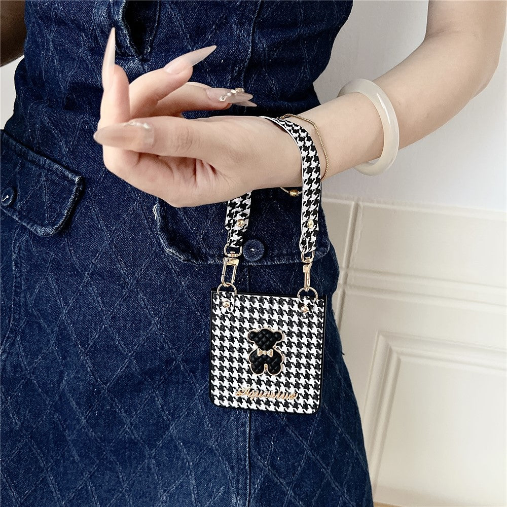 For Samsung Galaxy Z Flip8 Case Bear Charm PU Leather + PC Phone Cover with Wrist Strap