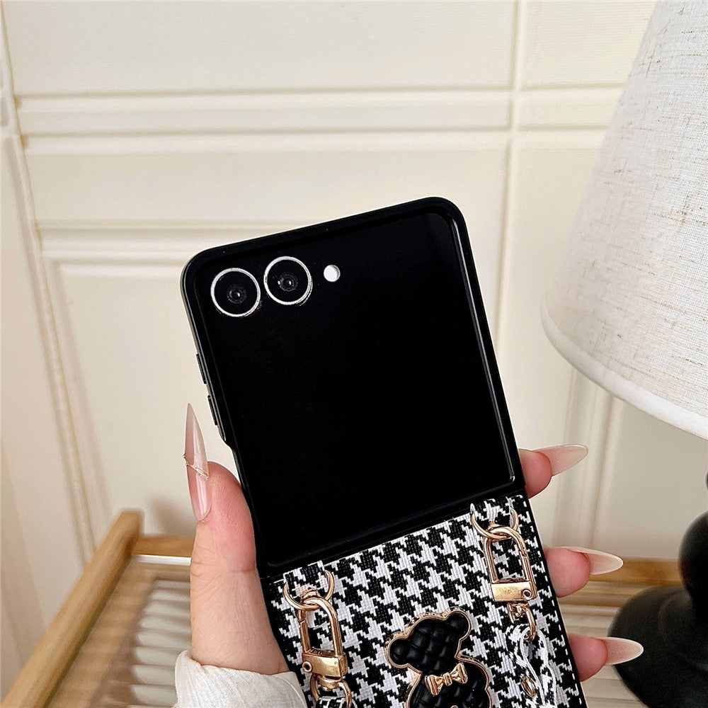 For Samsung Galaxy Z Flip8 Case Bear Charm PU Leather + PC Phone Cover with Wrist Strap