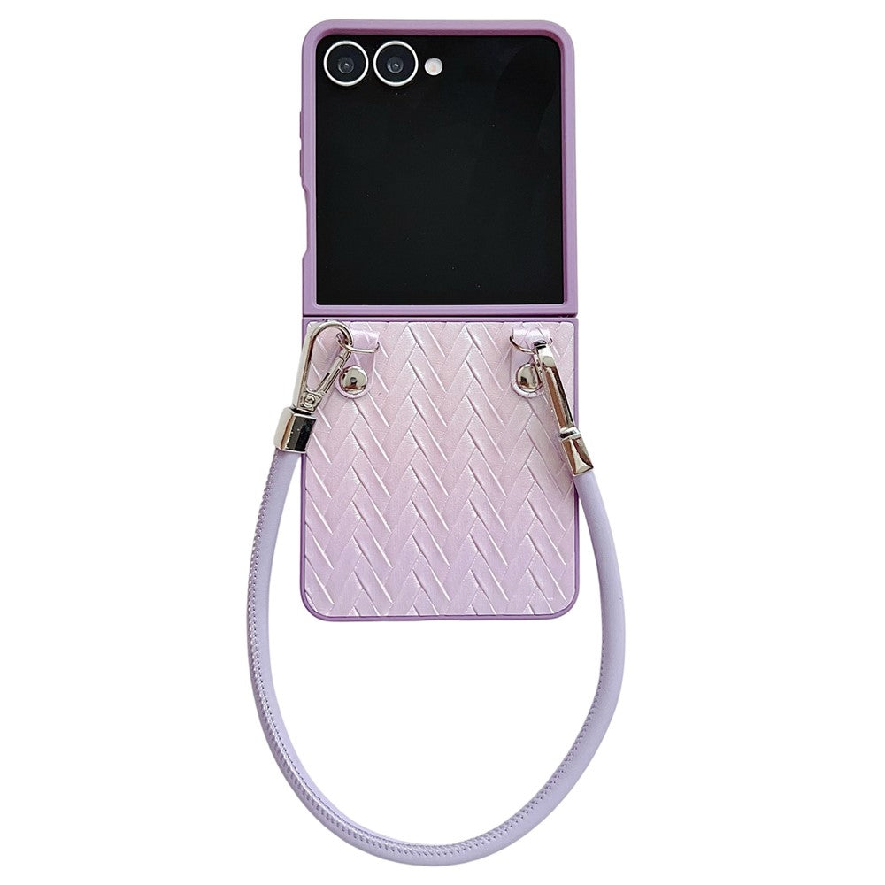For Samsung Galaxy Z Flip7 5G Case Gradient Woven Texture Leather + PC Phone Cover with Wrist Strap