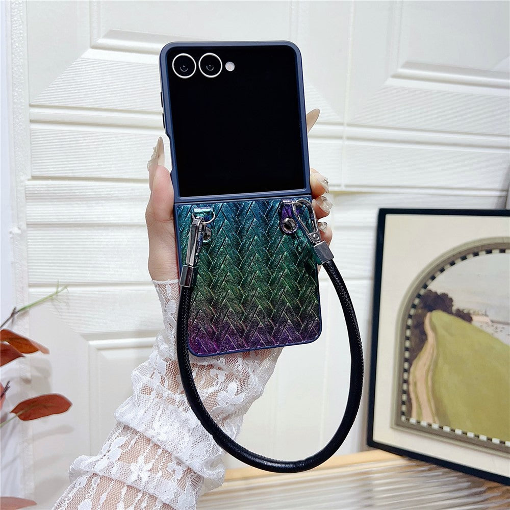 For Samsung Galaxy Z Flip8 Case Gradient Woven Texture Leather + PC Phone Cover with Wrist Strap