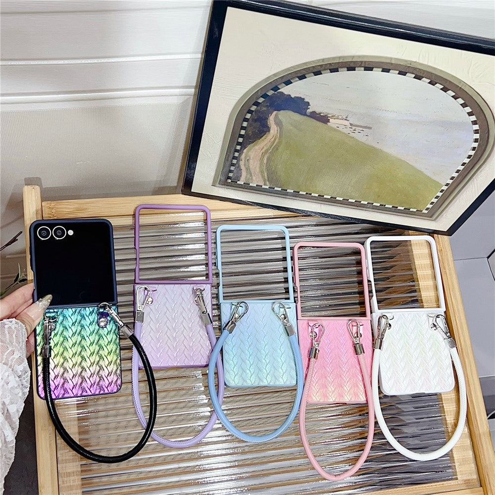 For Samsung Galaxy Z Flip8 Case Gradient Woven Texture Leather + PC Phone Cover with Wrist Strap