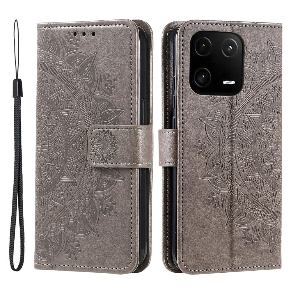 For Xiaomi 13 Pro 5G Imprinted Mandala Flower Phone Case Anti-drop Wallet Stand Cover with Strap