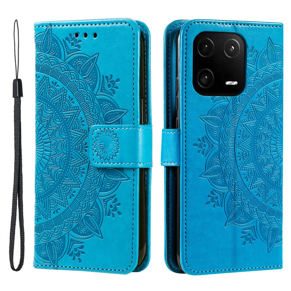 For Xiaomi 13 Pro 5G Imprinted Mandala Flower Phone Case Anti-drop Wallet Stand Cover with Strap