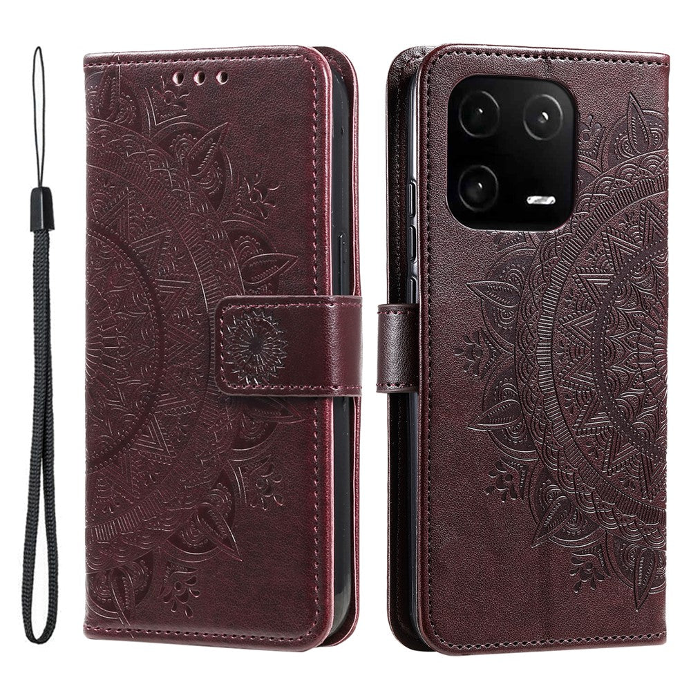 For Xiaomi 13 Imprinted Mandala Flower PU Leather Case Stand Wallet Full Protection Phone Cover with Strap