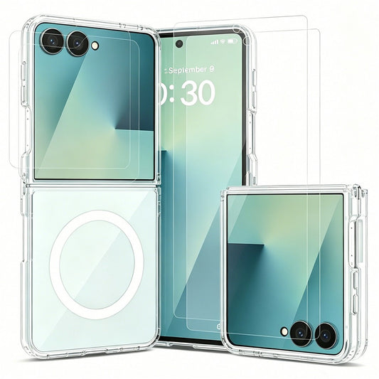 Galaxy Z Flip7 5G – Magnetische transparente Handyhülle aus PC, PET, gehärtetem Glas und TPU, mit Displayschutz, mit Soft-Touch-Oberfläche