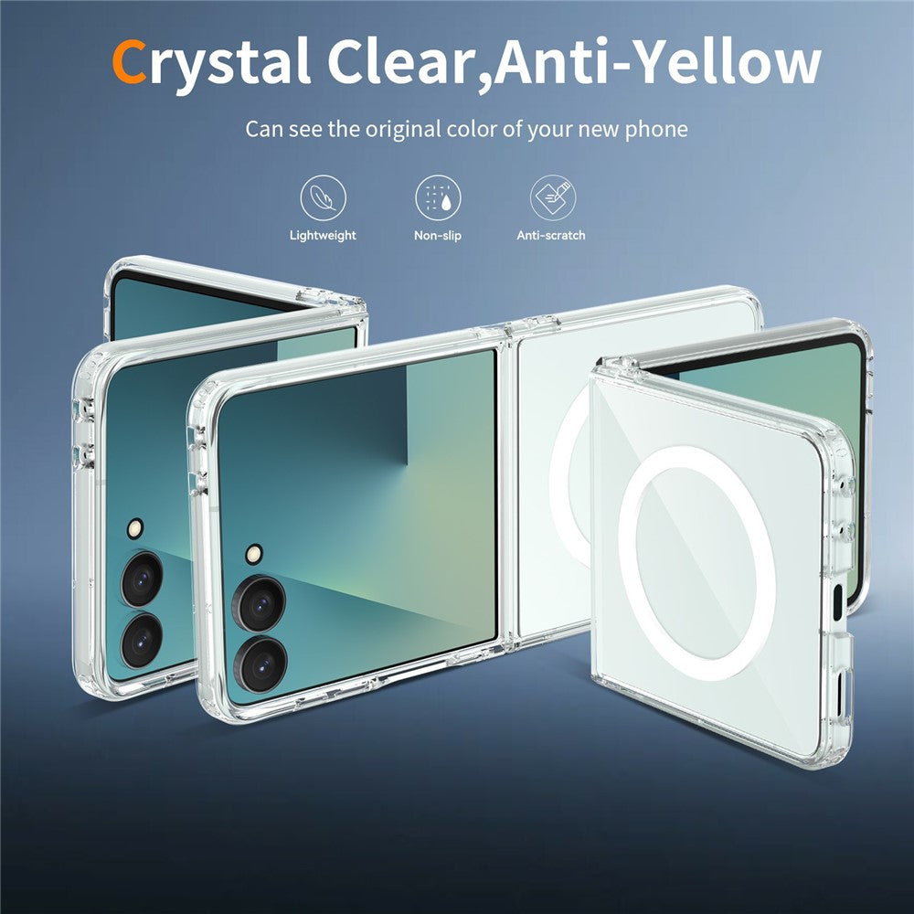 Samsung Galaxy Z Flip7 5G – Magnetische transparente Handyhülle aus PC, PET, gehärtetem Glas und TPU, mit Displayschutz, mit Soft-Touch-Oberfläche