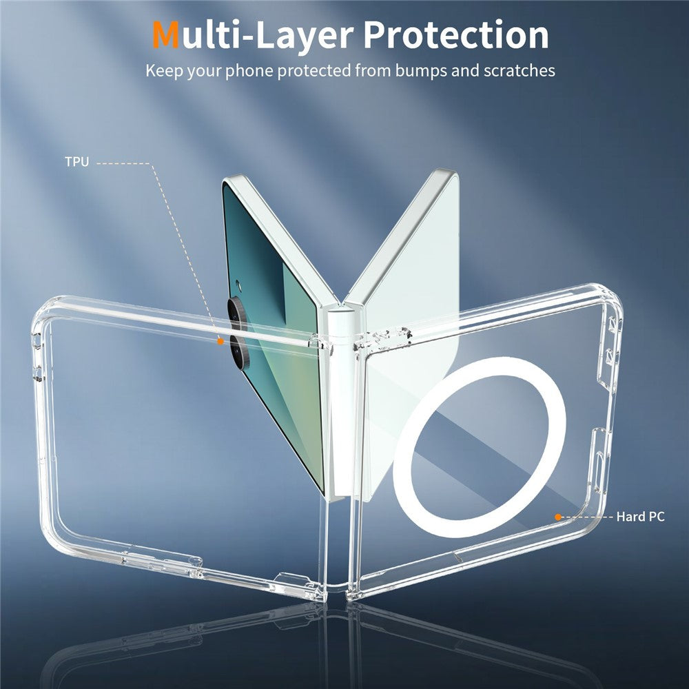Samsung Galaxy Z Flip7 5G – Magnetische transparente Handyhülle aus PC, PET, gehärtetem Glas und TPU, mit Displayschutz, mit Soft-Touch-Oberfläche