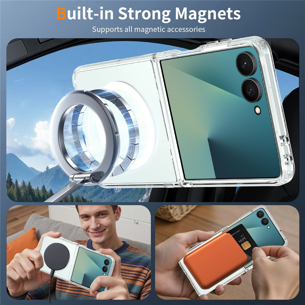 Samsung Galaxy Z Flip7 5G – Magnetische transparente Handyhülle aus PC, PET, gehärtetem Glas und TPU, mit Displayschutz, mit Soft-Touch-Oberfläche