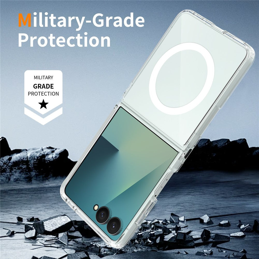 Samsung Galaxy Z Flip7 5G – Magnetische transparente Handyhülle aus PC, PET, gehärtetem Glas und TPU, mit Displayschutz, mit Soft-Touch-Oberfläche