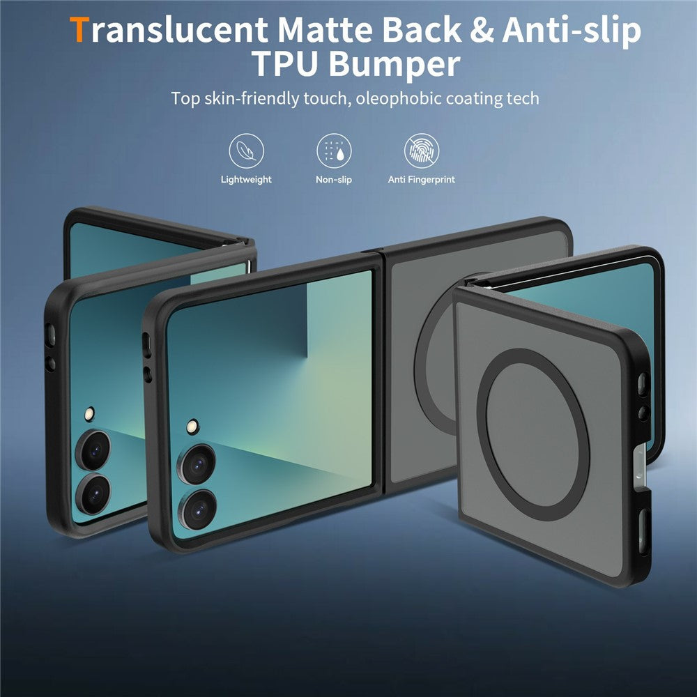 Galaxy Z Flip7 5G – Magnetische Handyhülle aus PC, PET, gehärtetem Glas und TPU, mit Displayschutz, mit Soft-Touch-Oberfläche
