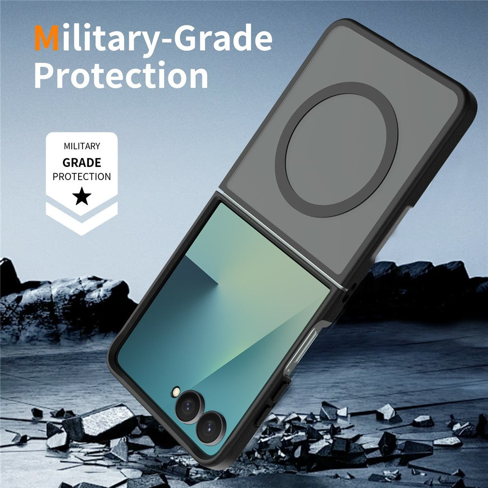 Galaxy Z Flip7 5G – Magnetische Handyhülle aus PC, PET, gehärtetem Glas und TPU, mit Displayschutz, mit Soft-Touch-Oberfläche