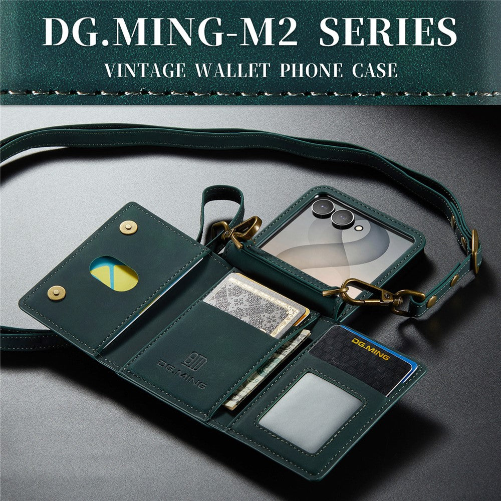 DG.MING M2 Series for Samsung Galaxy Z Flip8 Case PU + PC Phone Cover with Detachable Card Bag  /  Should Strap
