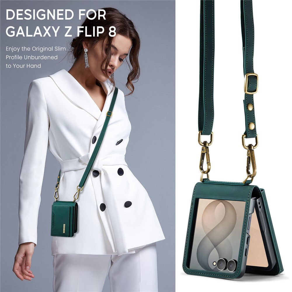 DG.MING M2 Series for Samsung Galaxy Z Flip8 Case PU + PC Phone Cover with Detachable Card Bag  /  Should Strap