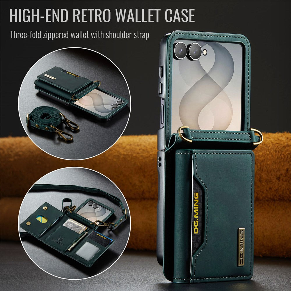 DG.MING M2 Series for Samsung Galaxy Z Flip8 Case PU + PC Phone Cover with Detachable Card Bag  /  Should Strap