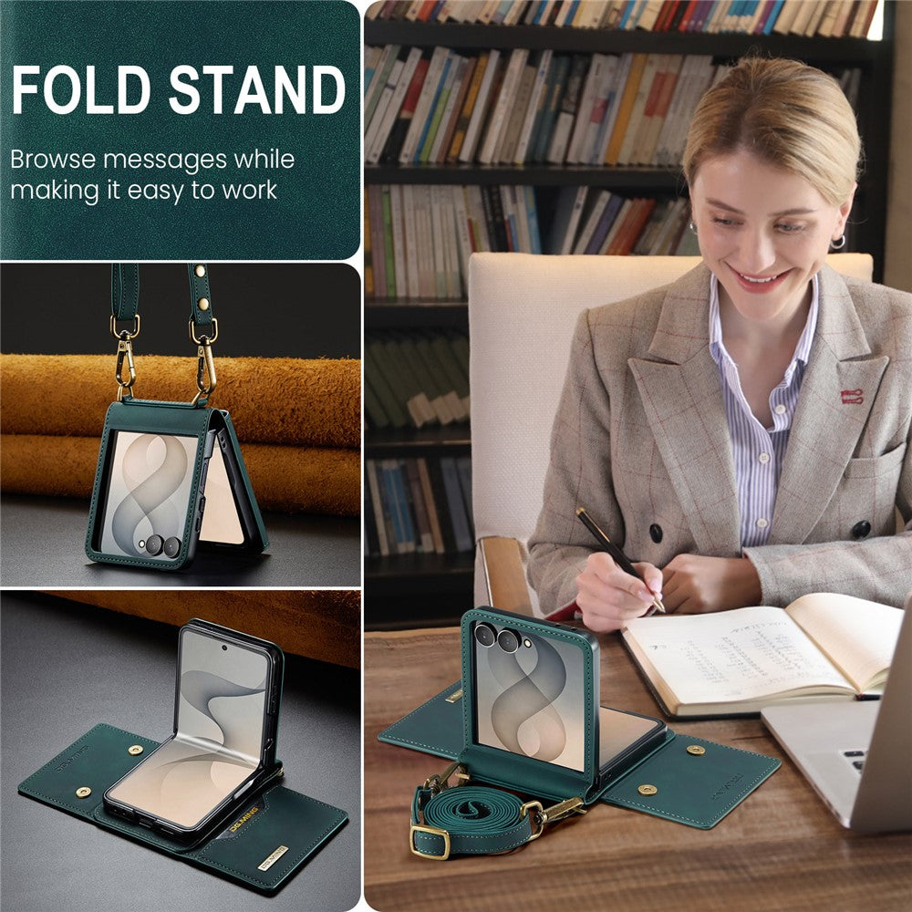 DG.MING M2 Series for Samsung Galaxy Z Flip8 Case PU + PC Phone Cover with Detachable Card Bag  /  Should Strap