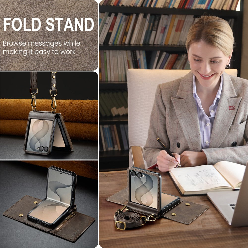 DG.MING M5 Series for Samsung Galaxy Z Flip8 Case RFID Blocking Card Slots Leather + PC Phone Cover