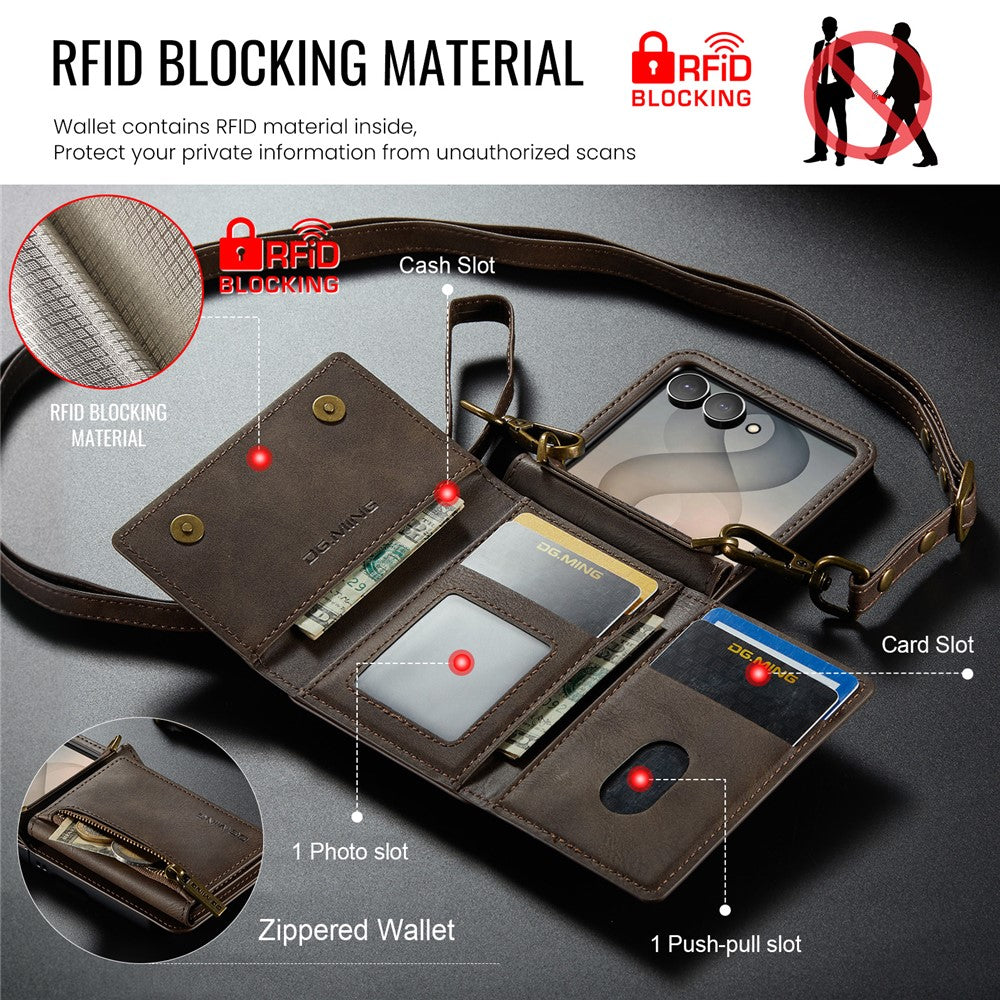 DG.MING M5 Series for Samsung Galaxy Z Flip8 Case RFID Blocking Card Slots Leather + PC Phone Cover
