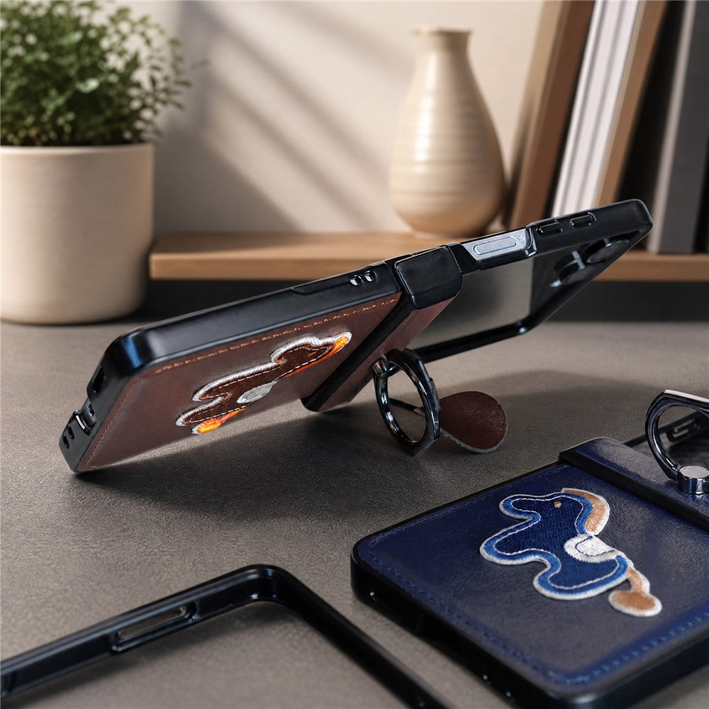 For Samsung Galaxy Z Flip8 Case Horse Embroidery Microfiber Leather Back Cover with Ring Holder Kickstand