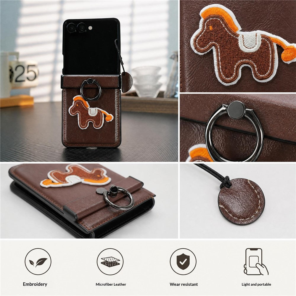 For Samsung Galaxy Z Flip8 Case Horse Embroidery Microfiber Leather Back Cover with Ring Holder Kickstand