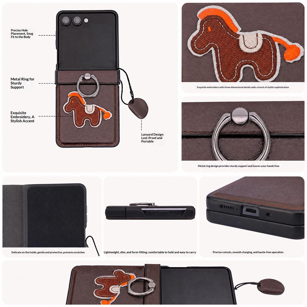 For Samsung Galaxy Z Flip8 Case Horse Embroidery Microfiber Leather Back Cover with Ring Holder Kickstand