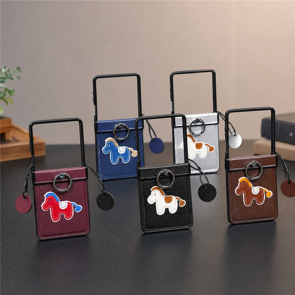 For Samsung Galaxy Z Flip8 Case Horse Embroidery Microfiber Leather Back Cover with Ring Holder Kickstand