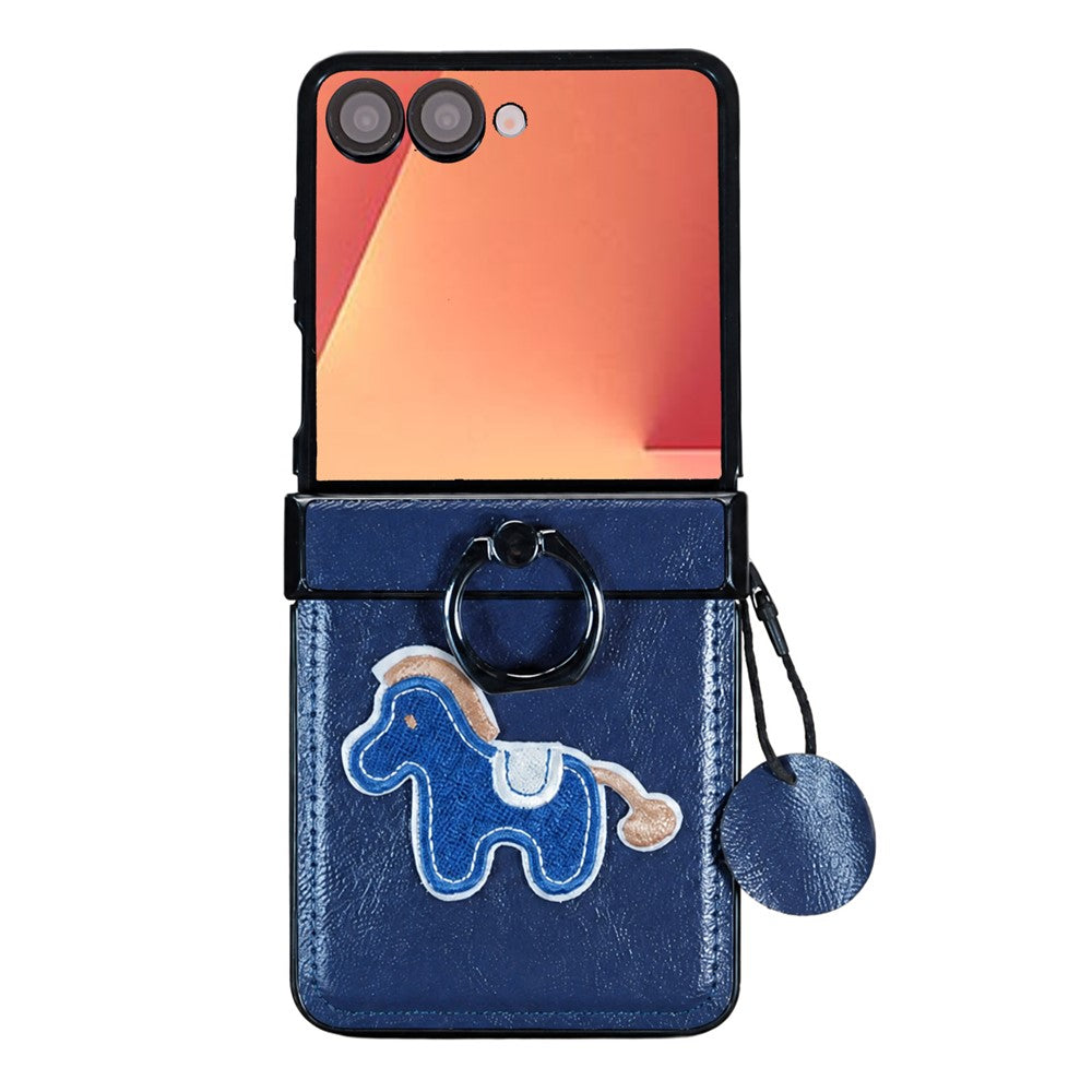 For Samsung Galaxy Z Flip8 Case Horse Embroidery Microfiber Leather Back Cover with Ring Holder Kickstand