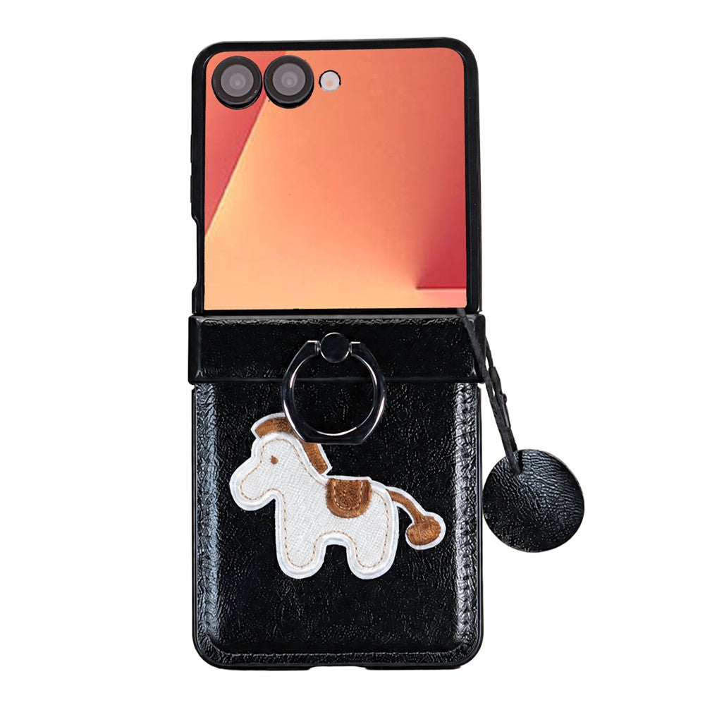 For Samsung Galaxy Z Flip8 Case Horse Embroidery Microfiber Leather Back Cover with Ring Holder Kickstand