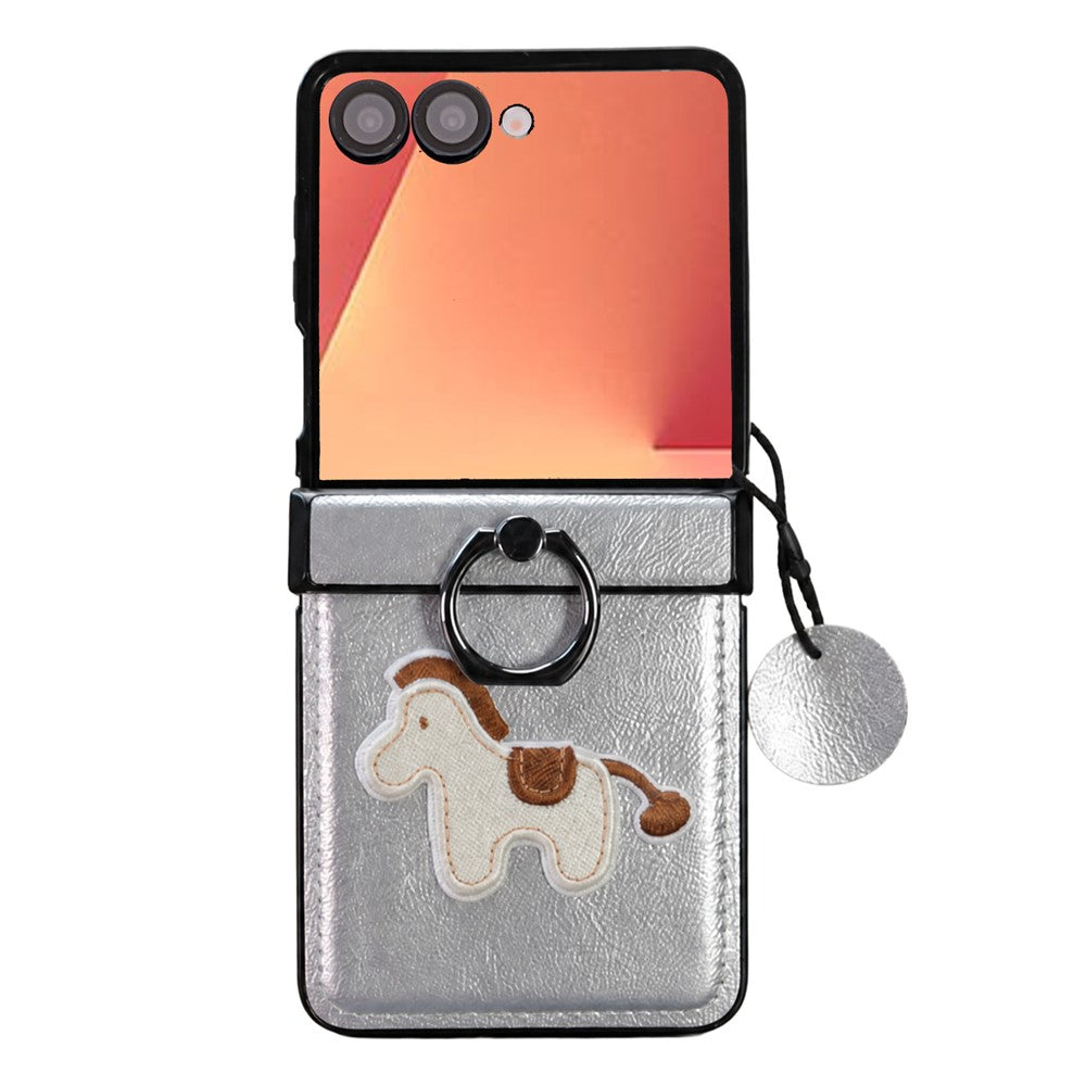 For Samsung Galaxy Z Flip7 5G Case Horse Embroidery Microfiber Leather Back Cover with Ring Holder Kickstand