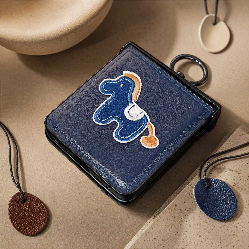 For Samsung Galaxy Z Flip7 5G Case Horse Embroidery Microfiber Leather Back Cover with Ring Holder Kickstand