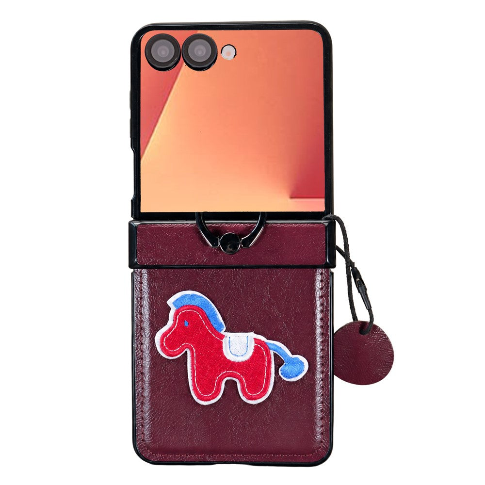 For Samsung Galaxy Z Flip7 5G Case Horse Embroidery Microfiber Leather Back Cover with Ring Holder Kickstand