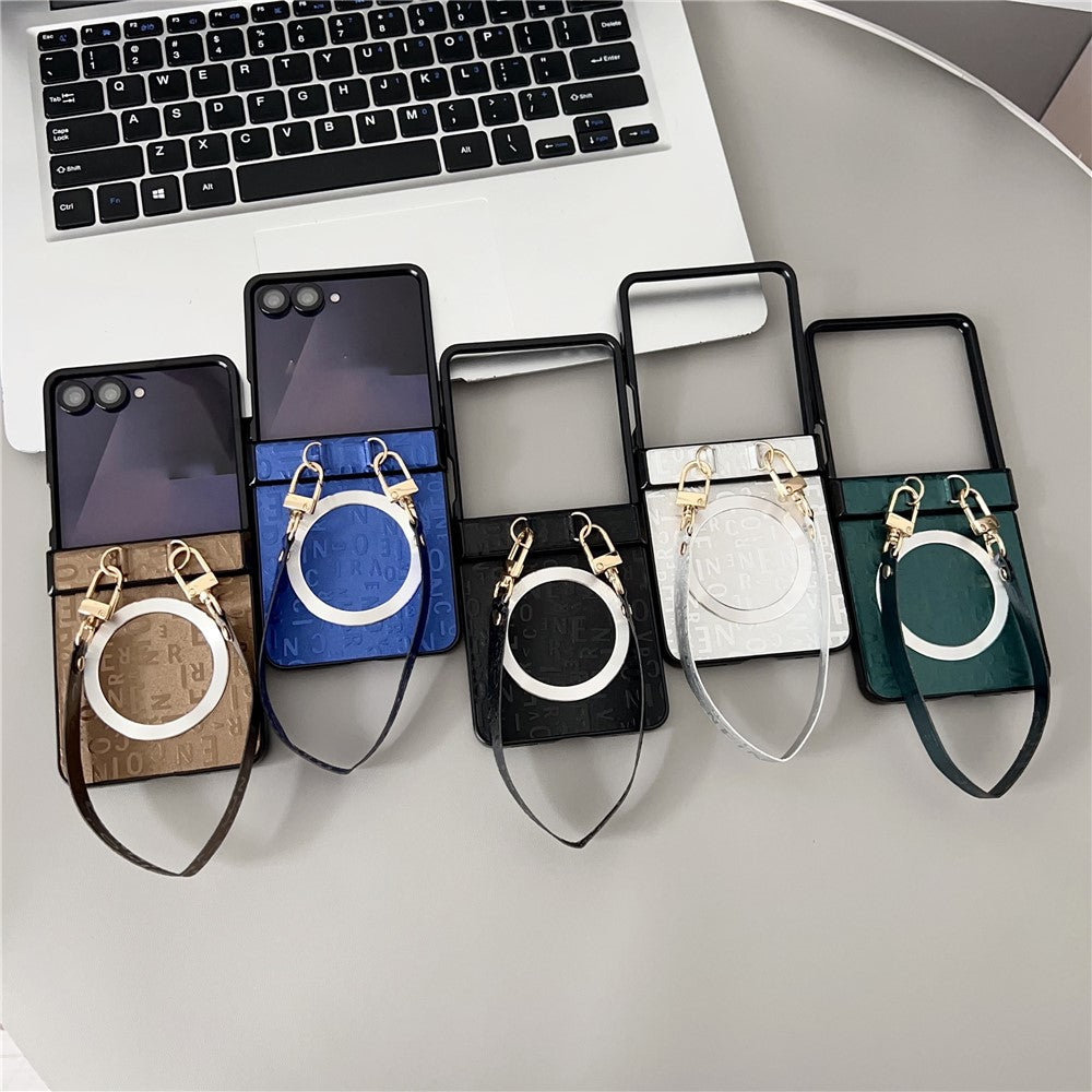 For Samsung Galaxy Z Flip8 Magnetic Case Letter Pattern Leather + PC Foldable Phone Cover with Lanyard