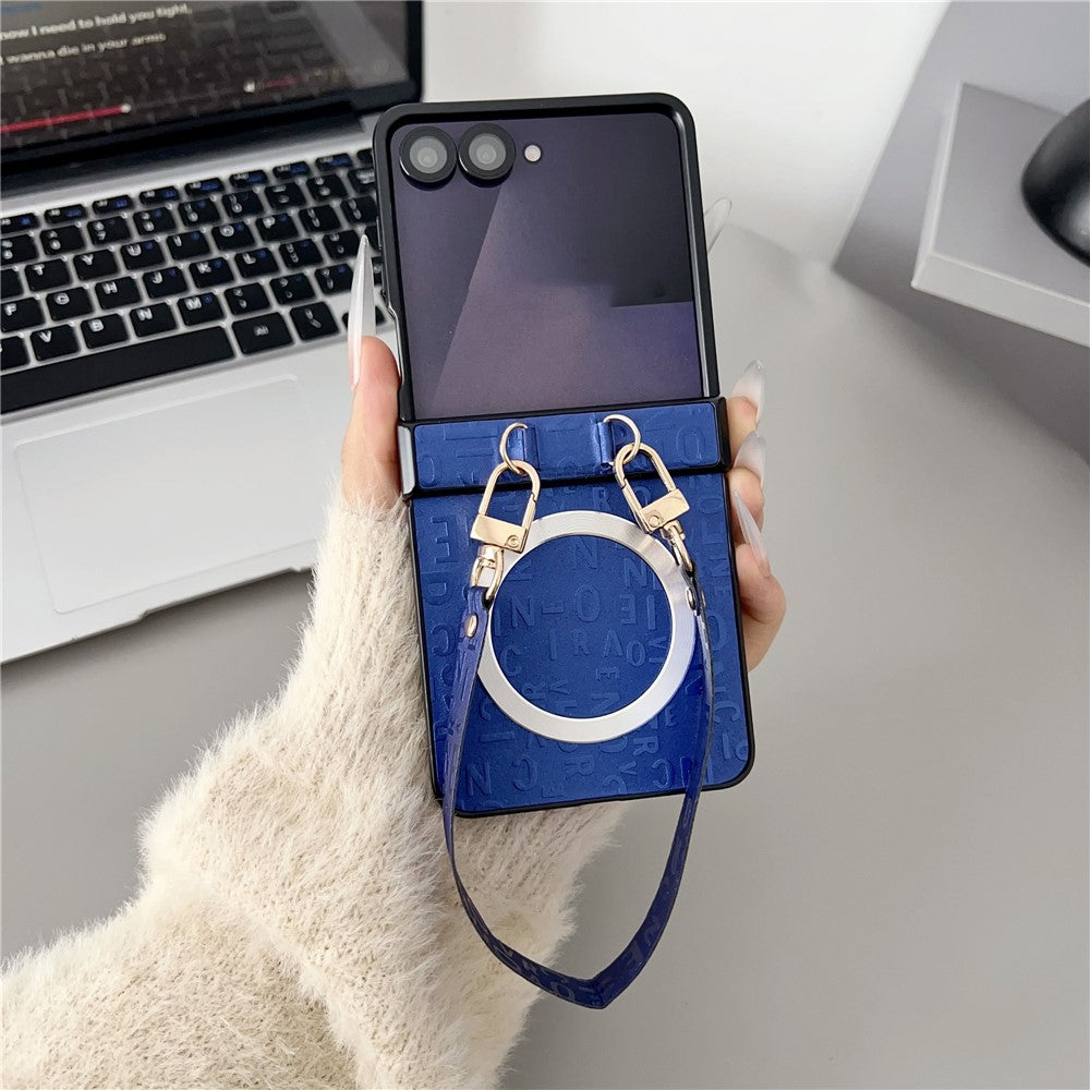 For Samsung Galaxy Z Flip8 Magnetic Case Letter Pattern Leather + PC Foldable Phone Cover with Lanyard