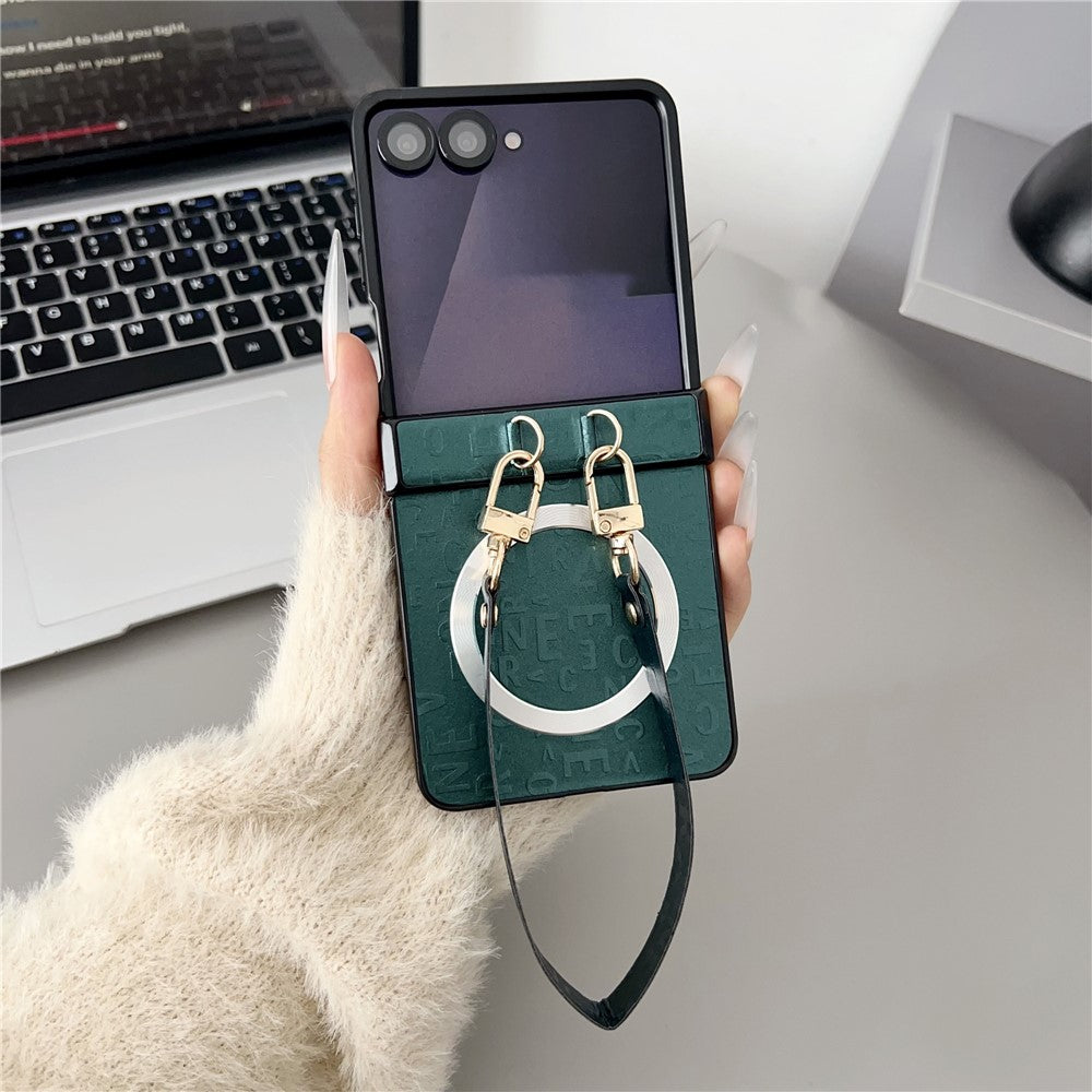 For Samsung Galaxy Z Flip8 Magnetic Case Letter Pattern Leather + PC Foldable Phone Cover with Lanyard