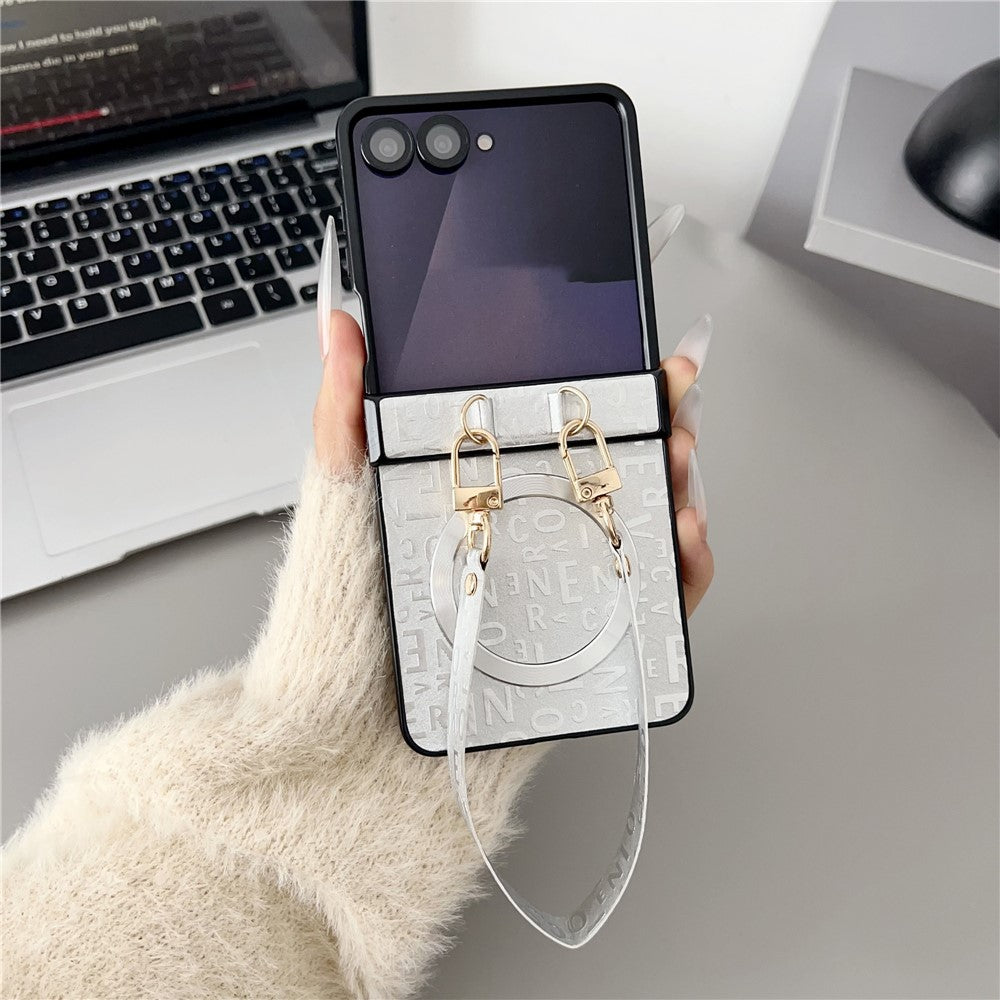 For Samsung Galaxy Z Flip8 Magnetic Case Letter Pattern Leather + PC Foldable Phone Cover with Lanyard