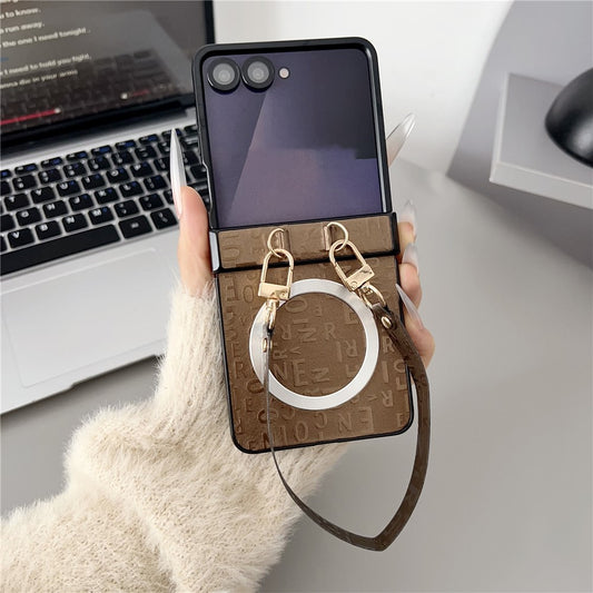 Galaxy Z Flip7 5G – Magnetische Handyhülle aus PC und PU-Leder, mit Schulterriemen