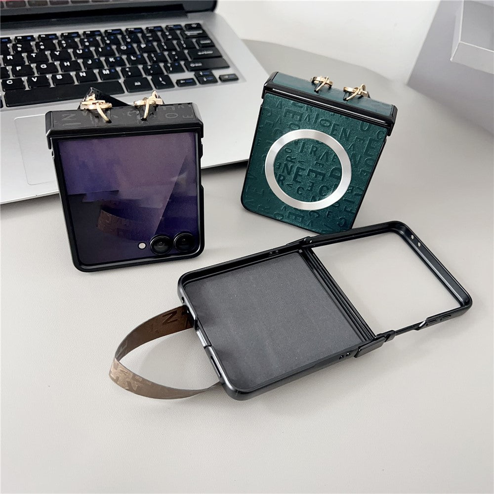 For Samsung Galaxy Z Flip7 5G Magnetic Case Letter Pattern Leather + PC Foldable Phone Cover with Lanyard