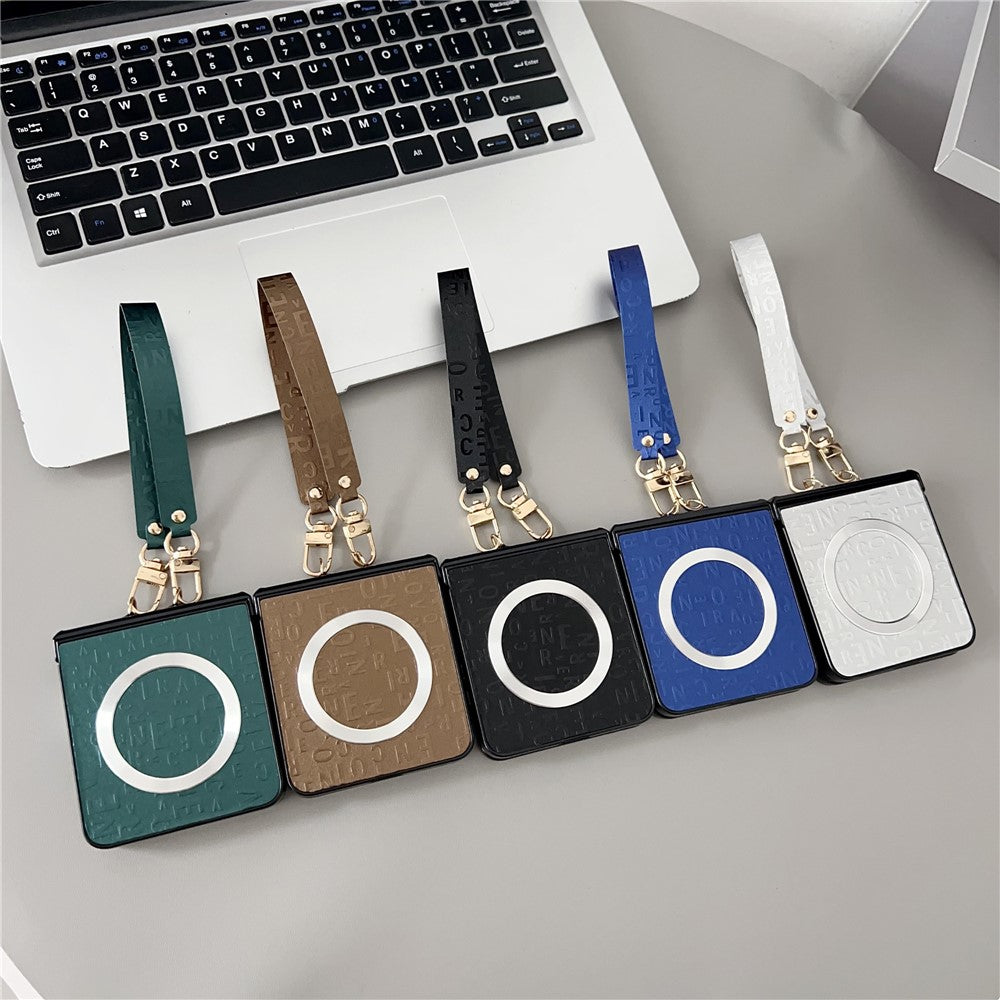 For Samsung Galaxy Z Flip7 5G Magnetic Case Letter Pattern Leather + PC Foldable Phone Cover with Lanyard